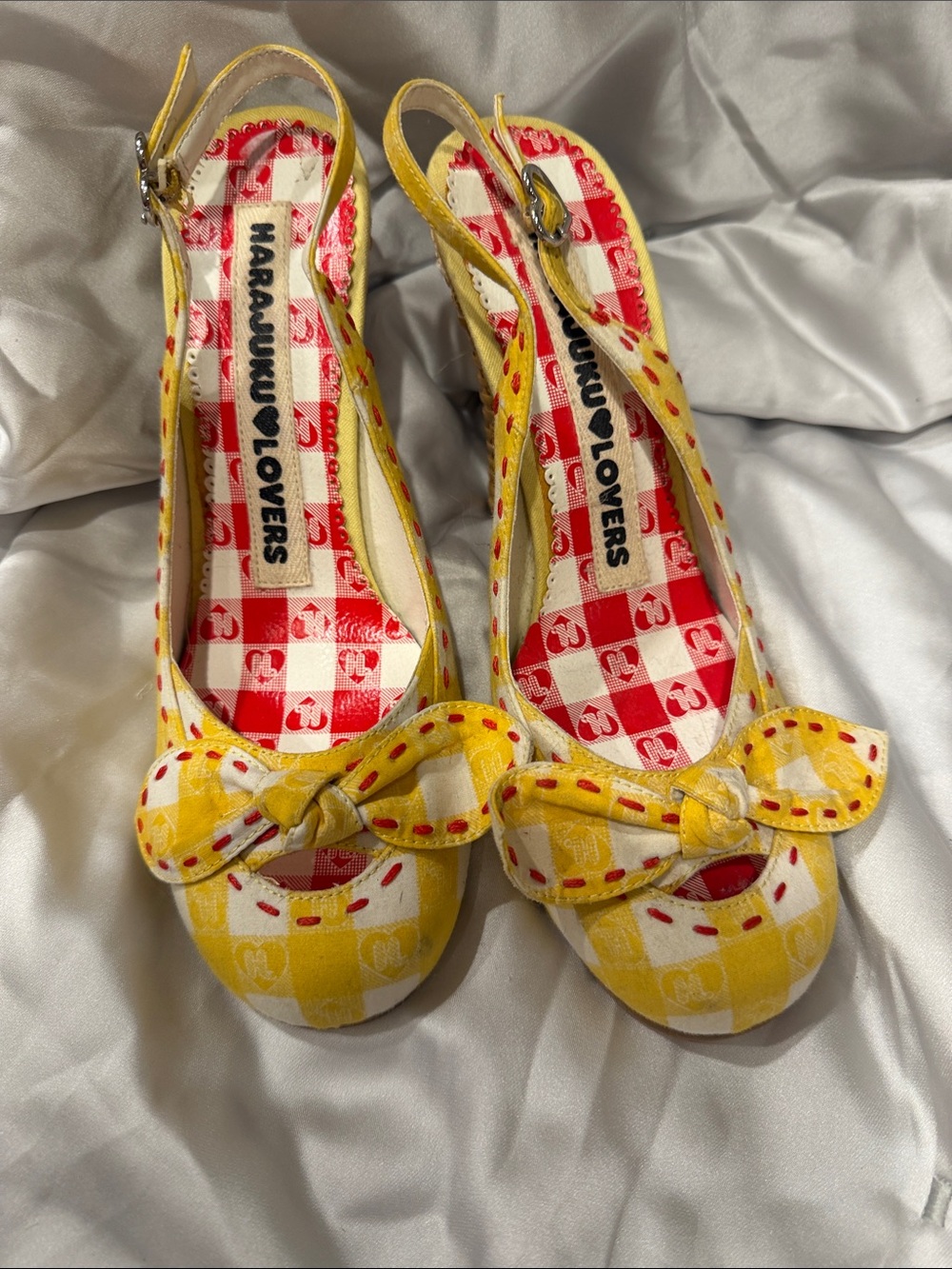 Harajuku Lovers Yellow Gingham Bow Slingbacks with Red Accents PikNik shoes!!!!